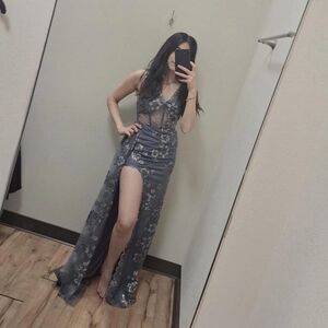 Elegant Gray Floral Evening Gown